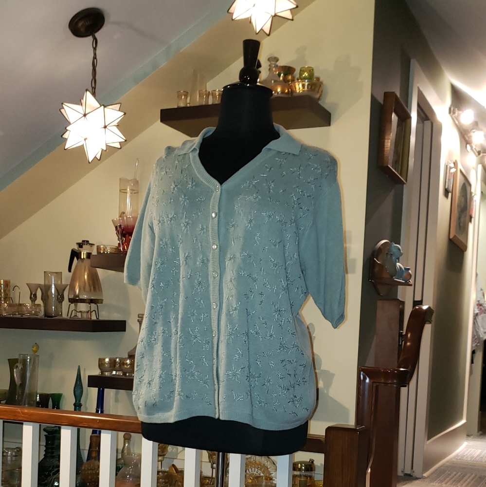 Designs by Lane Bryant Womens Short Sleeve Knit And Beaded Green Top
